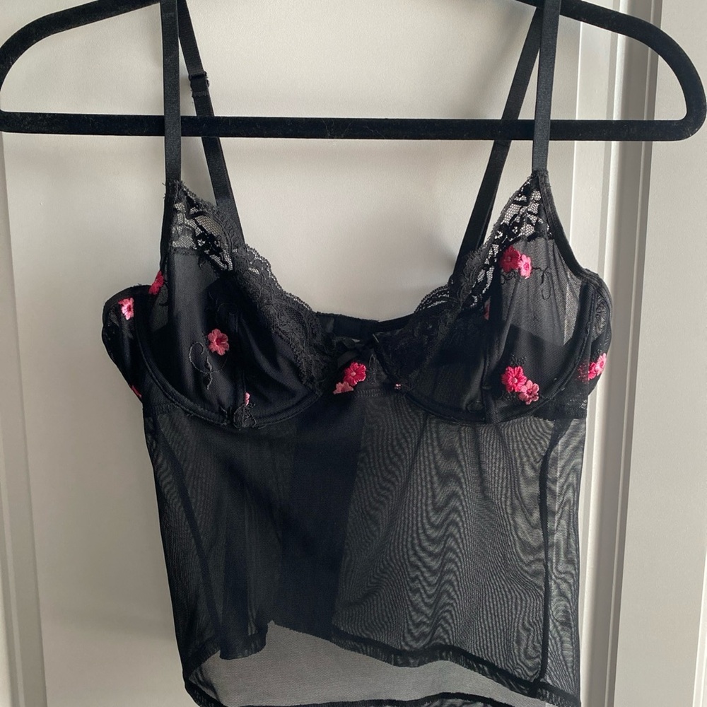 Rampage Y2K Vintage Corset Bra 34B Black Pink Embroidered‎ Flowers Underwire